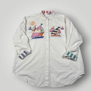 Vintage David Brooks Shirt Womens XL White Sailboat Embroidered Nautical 90s